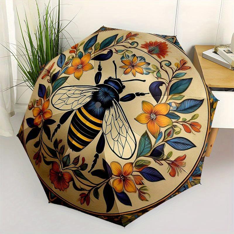 Colorful Bee and Floral Decorative PlateUmbrella with Cute Design, Portable 3-Fold Compact Umbrella for Men & Women, Valentine's Day Mother's Day Hall