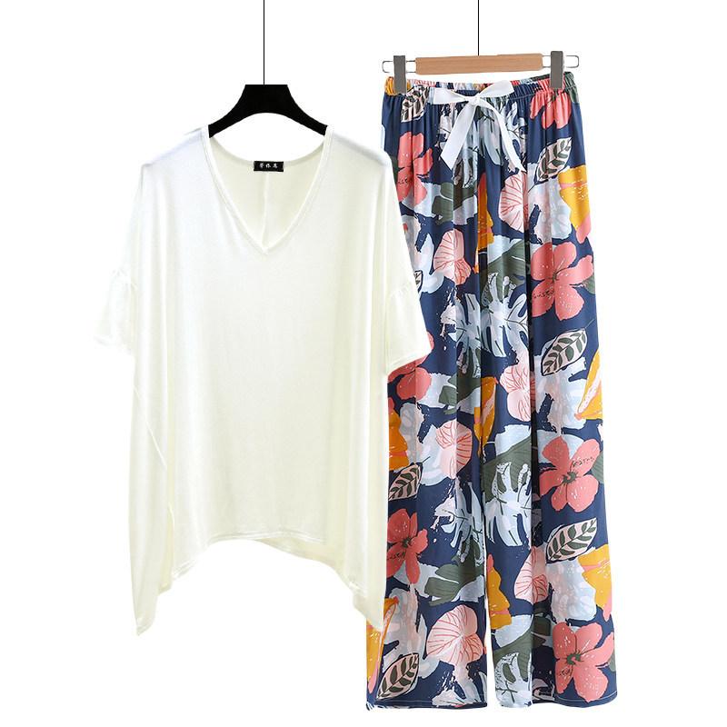 Необычная футболка и широкие брюки с цветочным принтом летние женские повседневные пижамные комплекты Костюм для дома с коротким рукавом Свободный легкий костюм для отдыха Большие размеры