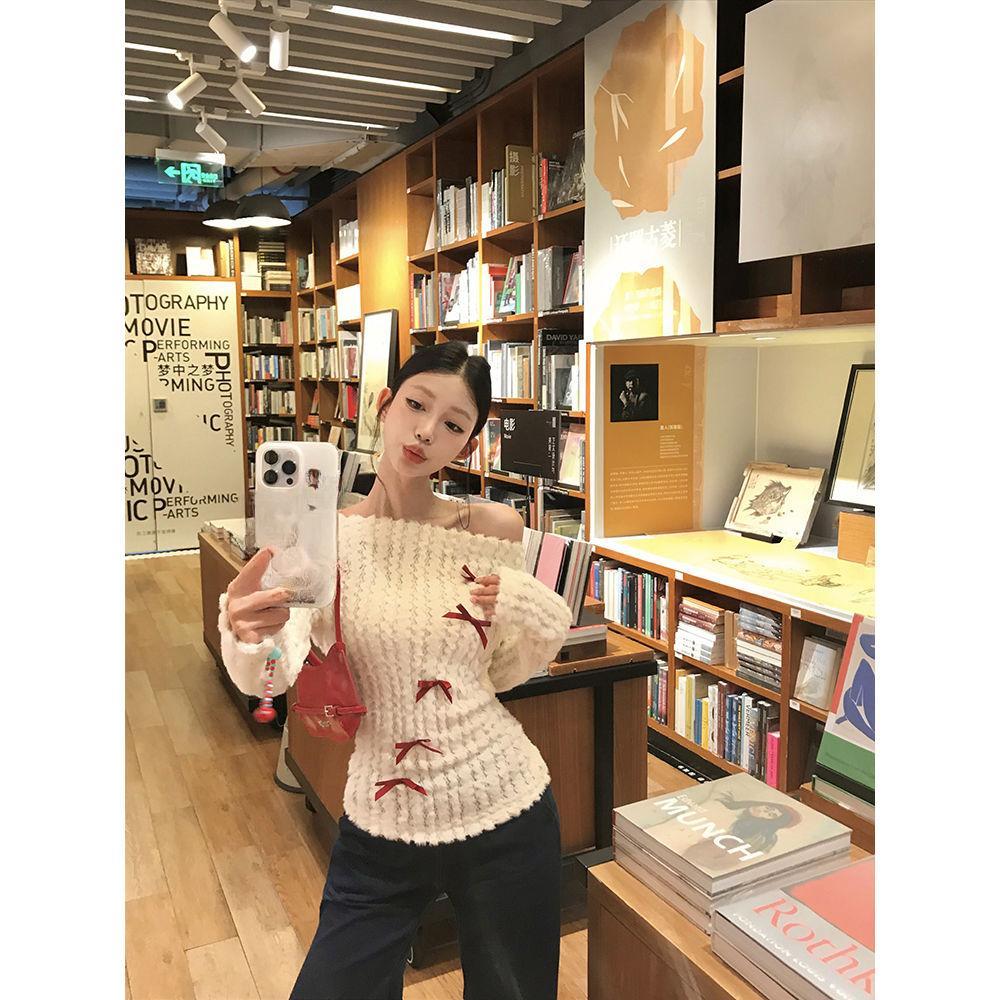 Милый бант вязаный пуловер женский с открытыми плечами сексуальный длинный рукав свитера корейский стиль кавайный осень зима пуловеры