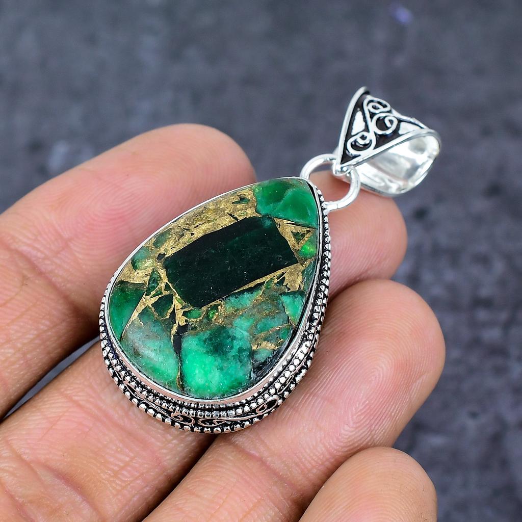 Натуральный медно-малахитовый драгоценный камень 925 пробы стерлингового серебра кулон-украшение 1,97" ET-4783