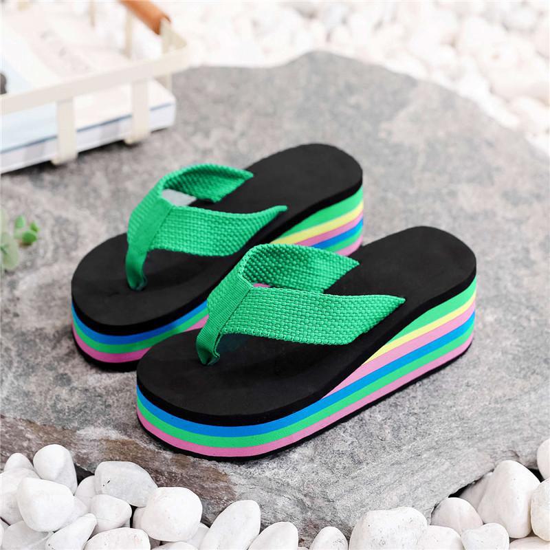Rainbow Herringbone High-Heel Women's Flip Flops - Summer Beach Sandals