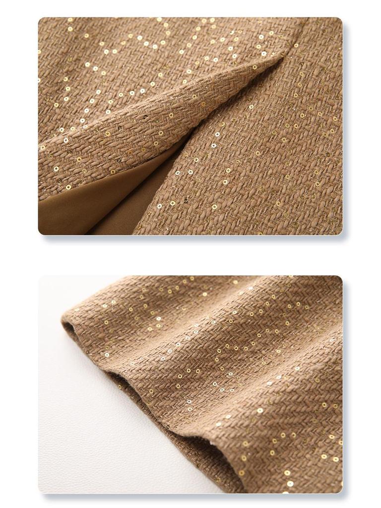 2024 Женская желтая твидовая юбка миди с пайетками – Осенне-зимняя прямая облегающая