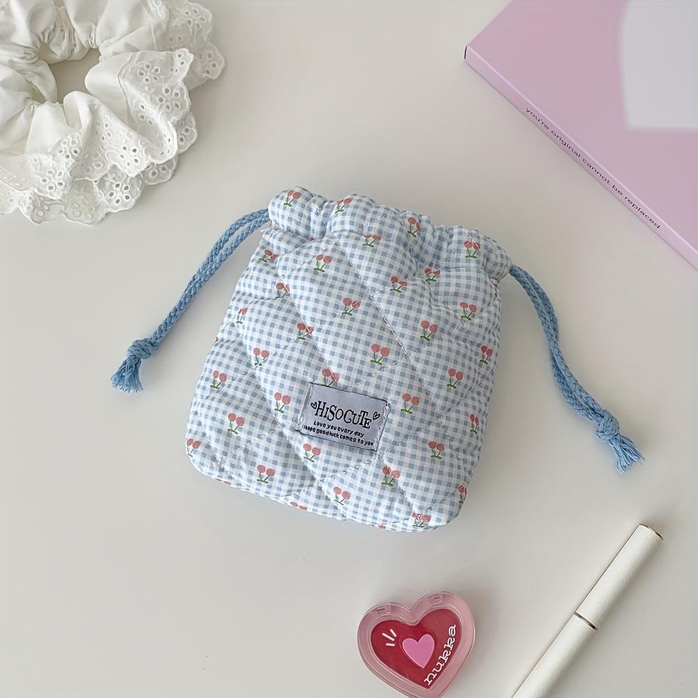 Cute Quilted Cherry Drawstring Pouch, Foldable Portable Storage & Makeup Bag, Ideal Holiday Gift