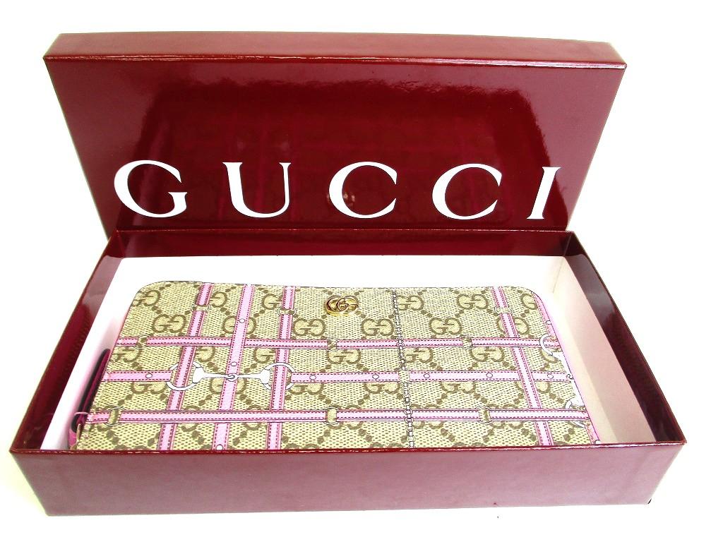Authentic GUCCI GG Coating Canvas Pink Leather Horsebit Round Zip Wallet #b301 Open box