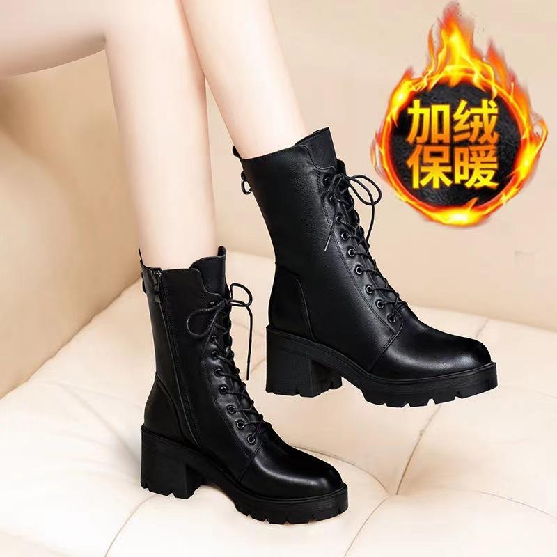 Autumn and Winter Medium Heel Short Boots Women's Boots Lace-up Soft Leather Pointed High Heels Show Feet Thin Velvet Martin Boots