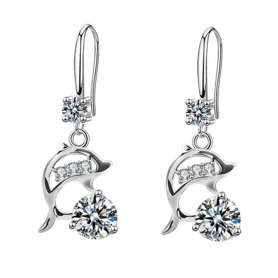 1 Pair Korean Style Hook Earrings Dolphin Design Shiny Rhinestones Drop Earrings Women Mid-length Earrings