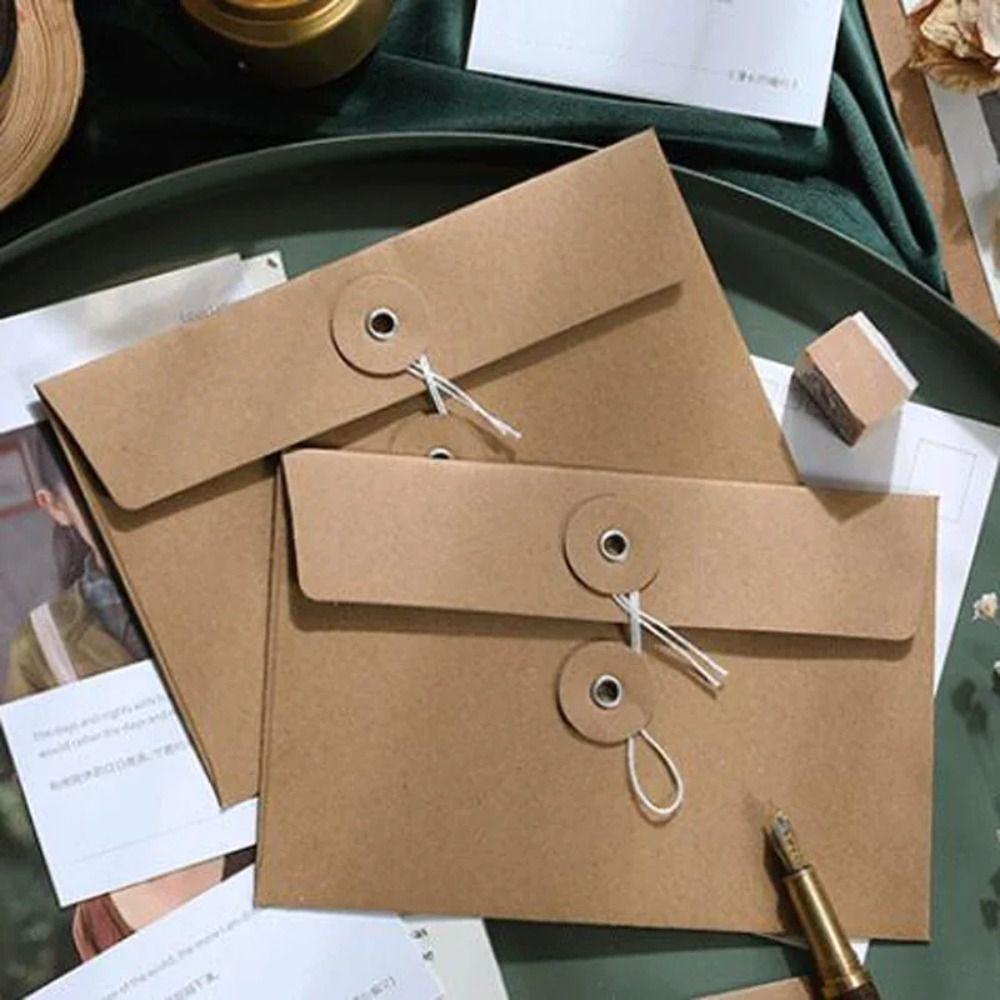 20pcs Retro Vintage Brown Envelopes with String Tie Closure Clasp Simple Archive Bag Postcard