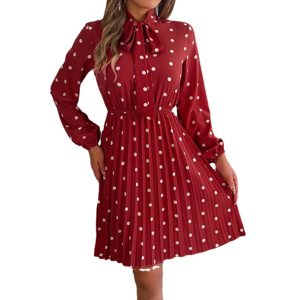 GMXIA Женская мода лето-весна принт в горошек с длинным рукавом и v-образным вырезом тонкие повседневные платья со шнуровкой и складками