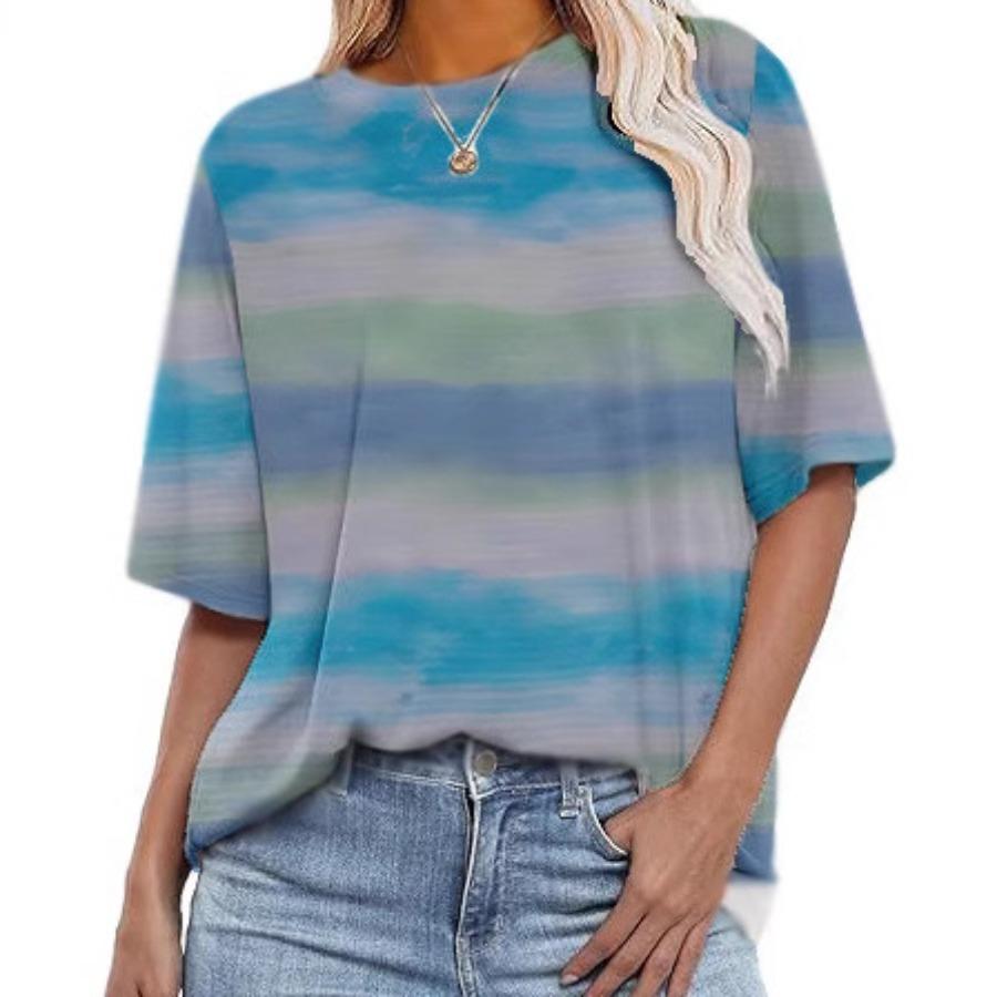 Женские повседневные свободные футболки с круглым вырезом и короткими рукавами в полоску с цифровой печатью для женщин