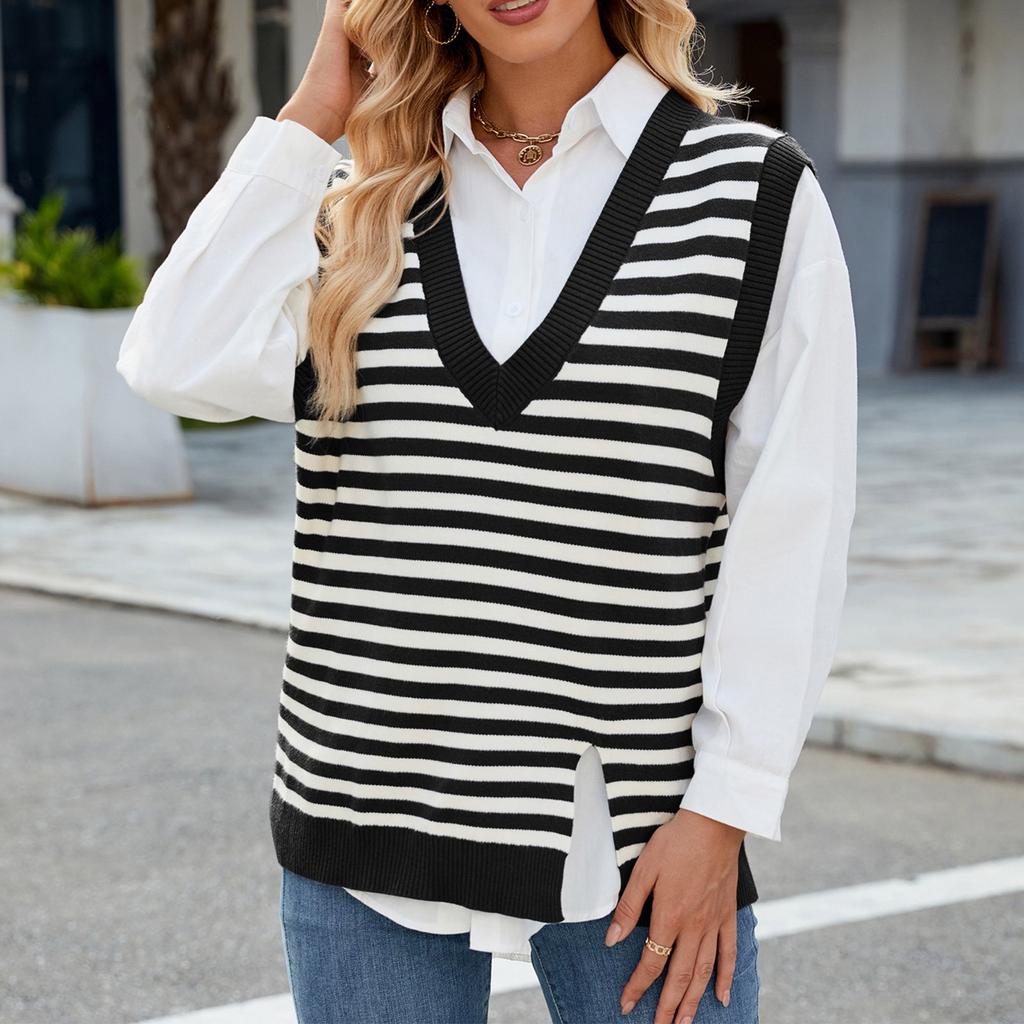 Fashionable Women's Casual V-neck Split Sweater Vest Waistcoat