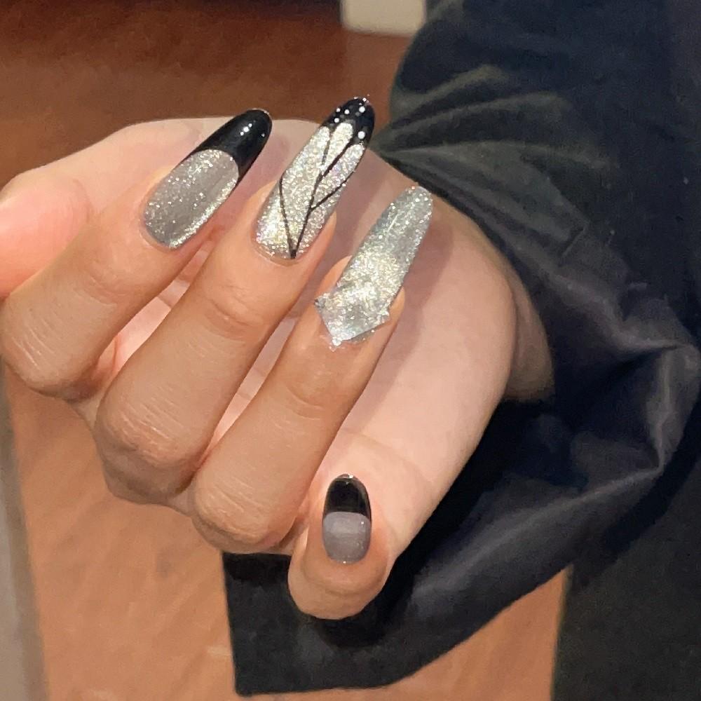 HANDMADE Artificial Nail Silver Ink Stain Phototherapy Nails Fake Nails Reusable and Removable Nails