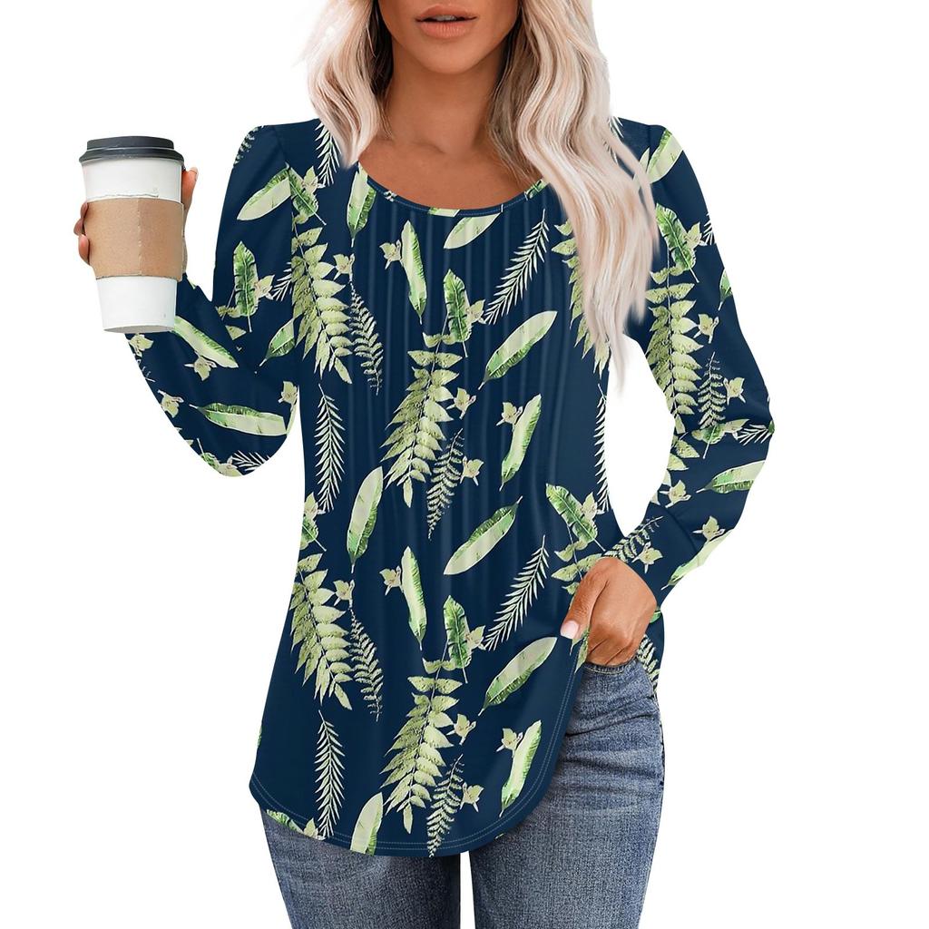 Рубашки с длинным рукавом для женщин, топы, нарядные повседневные блузки, плиссированные топы-туники с круглым вырезом