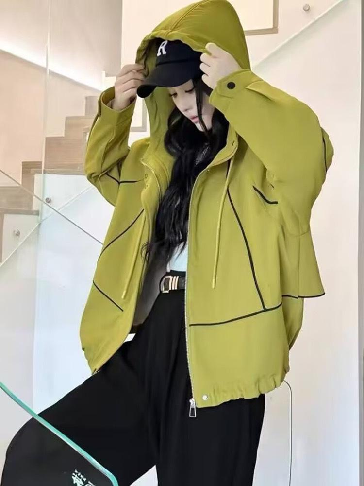 Ветровка с капюшоном в корейском стиле с цветными блоками для женщин, весна/осень 2025, легкая куртка свободного кроя для миниатюрных