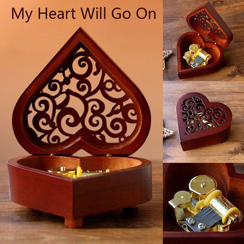 Очаровательная прямоугольная музыкальная шкатулка из дерева с резьбой в виде сердца, заводная, с мелодичными мелодиями