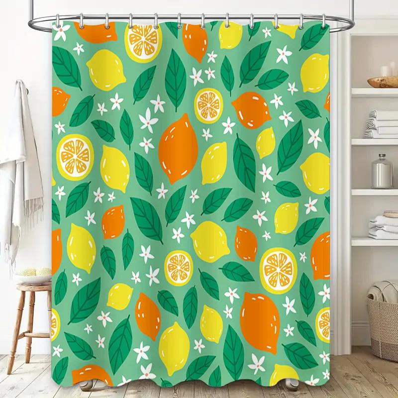 Bright Fun Lemon Print Shower Curtain Green with Citrus Fruit Design Waterproof Fabric Bath Decoration for Home Decor 72 inches