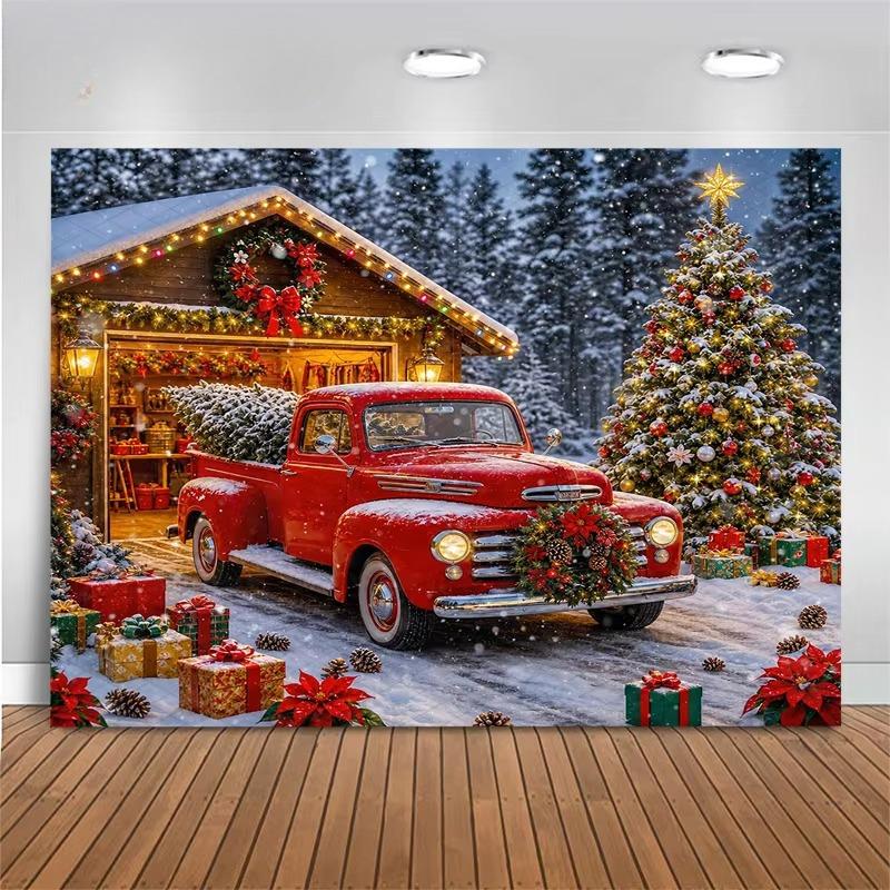 Winter Christmas Red Truck Holy Gift Wreath Cottage Theme Banner Backdrop Birthday Party Home Decoration Photography Backdrop