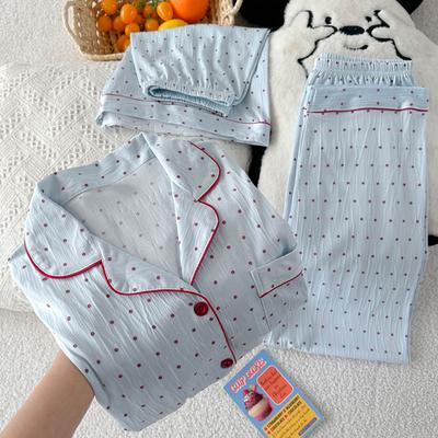 Милая пижама для девочки в горошек из мятой ткани, женский летний комплект из трех предметов с контрастной отделкой, домашняя одежда