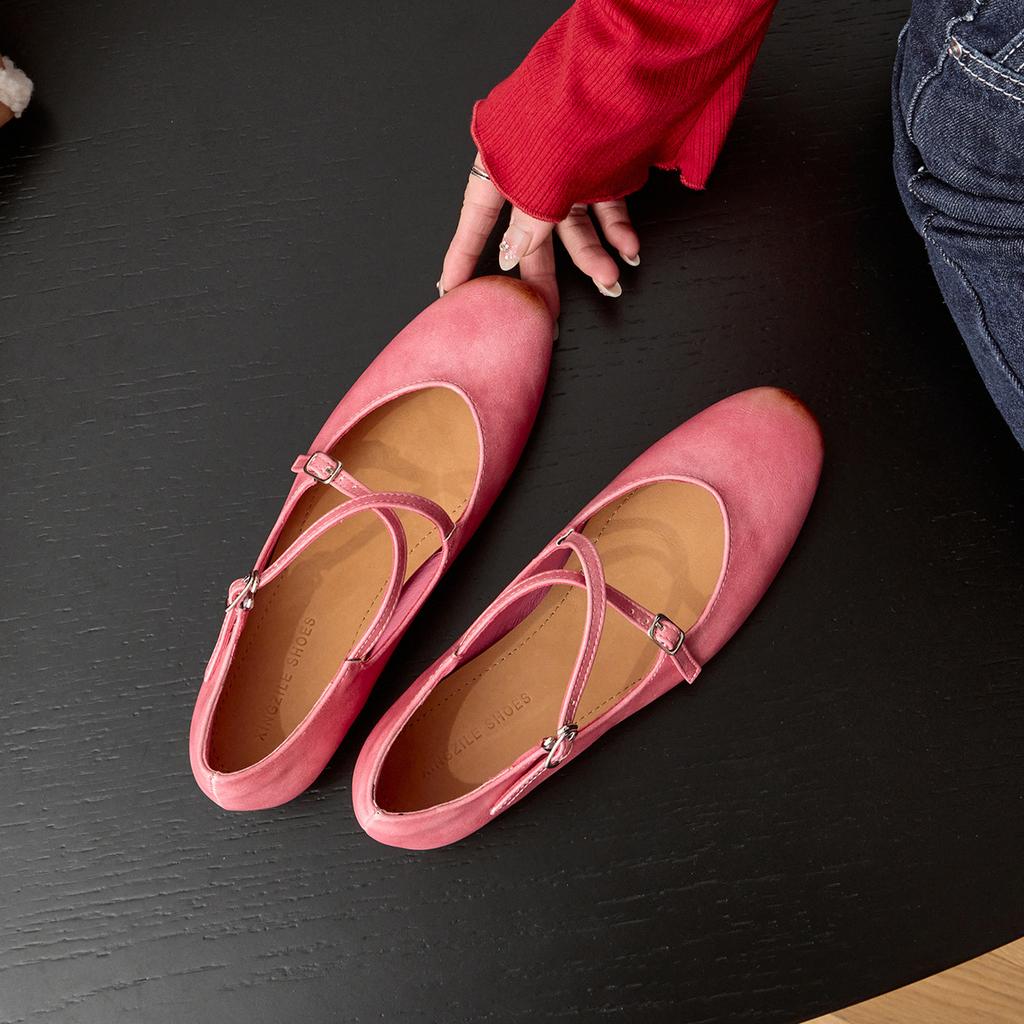 French Retro Cross Strap Mary Jane Shoes Women's Leather Single Shoes Spring Niche Shallow Mouth Flat Ballet Grandma Shoes