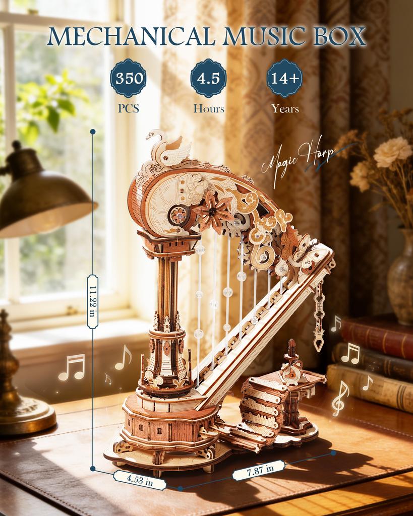 ROKR Magic Harp Music Box Wooden 3D Puzzle 350-Piece DIY Mechanical Model Building Kit for Home Desk Bookshelf Decor Gift for Adults Kids