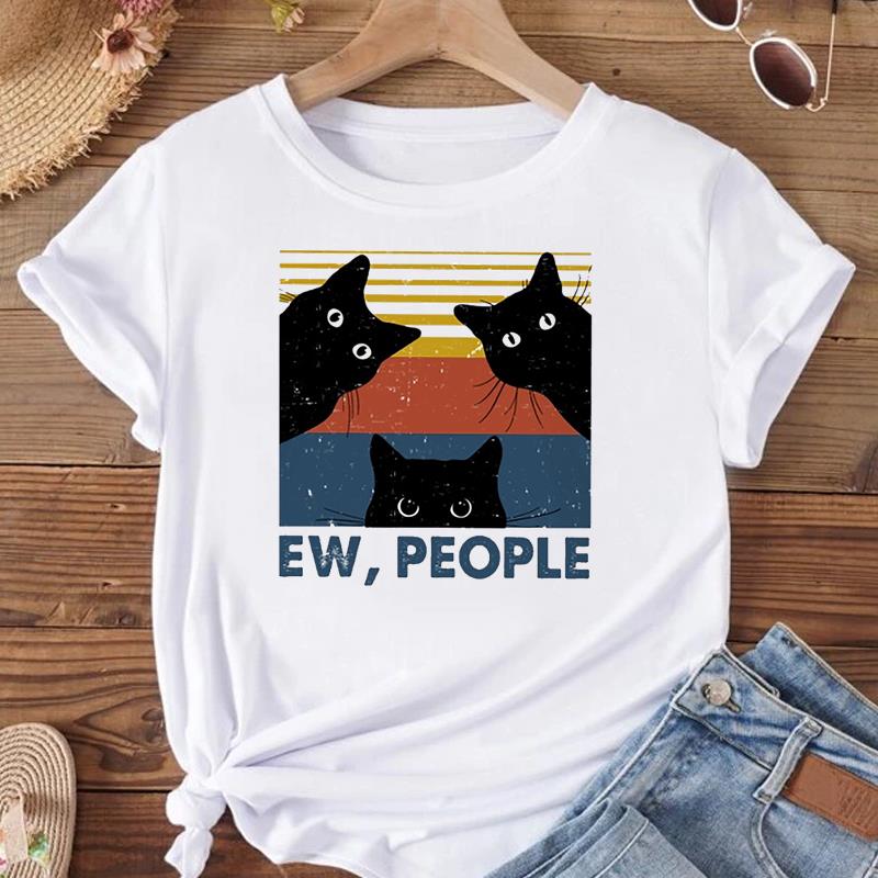 (Asian Size) T Shirt Women Print Tee Top Cat Funny Trend Cute Lovely Style Fashion Female Clothing Short Sleeve Graphic T-shirts