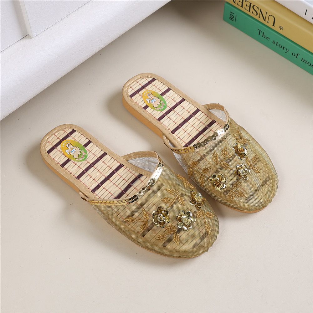 Ручной работы Бисером Домашние тапочки Женские Летние Домашние Сетчатые Тапочки для Деревянного Пола Всесезонные Тапочки Плоский каблук