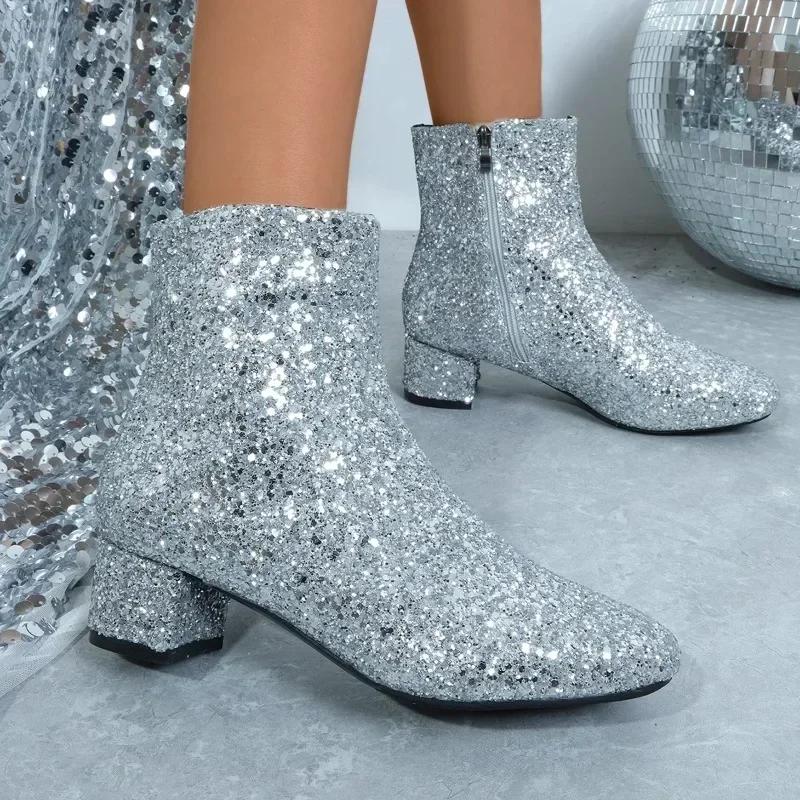 Fashion Women's Fashion Ankle Boots Christmas Glitter Side Zip Block Heel High Heels Cowboy Boots Banquet Wedding Sequins Botas Mujer
