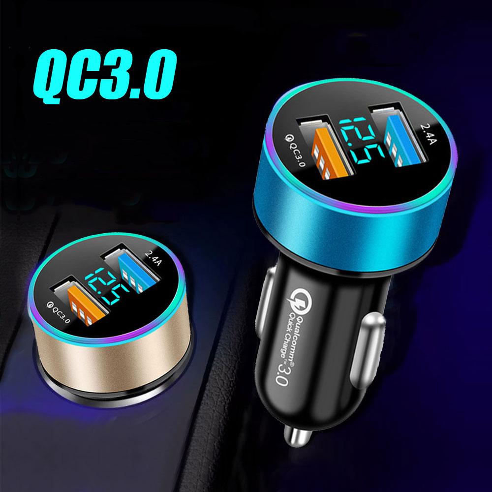 QC3.0 2.4A Dual USB Car Charger for Phone LCD Display 12-24V Cigarette Socket Lighter Fast Charging Power USB Adapter Charger