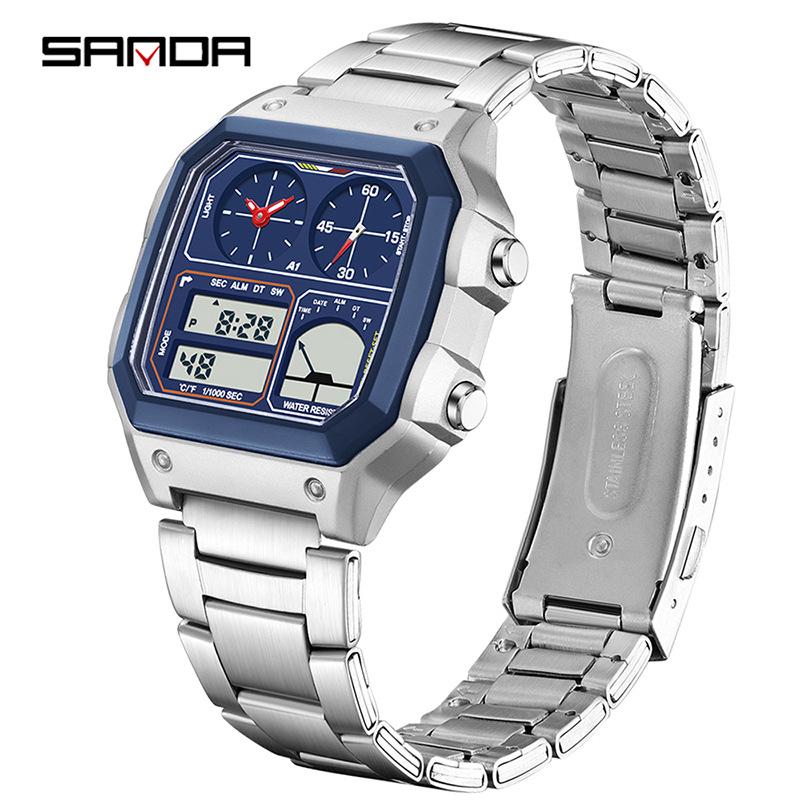 Sanda Temu Студенческие спортивные часы с измерением температуры, водонепроницаемые, двойной дисплей, многофункциональный квадратный дизайн