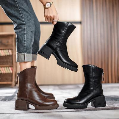 Короткие женские ботинки на толстом каблуке и толстой подошве, новый стиль ботинок Мартина, высокий каблук, средняя голенище, коричневые, ретро, одинарные ботинки