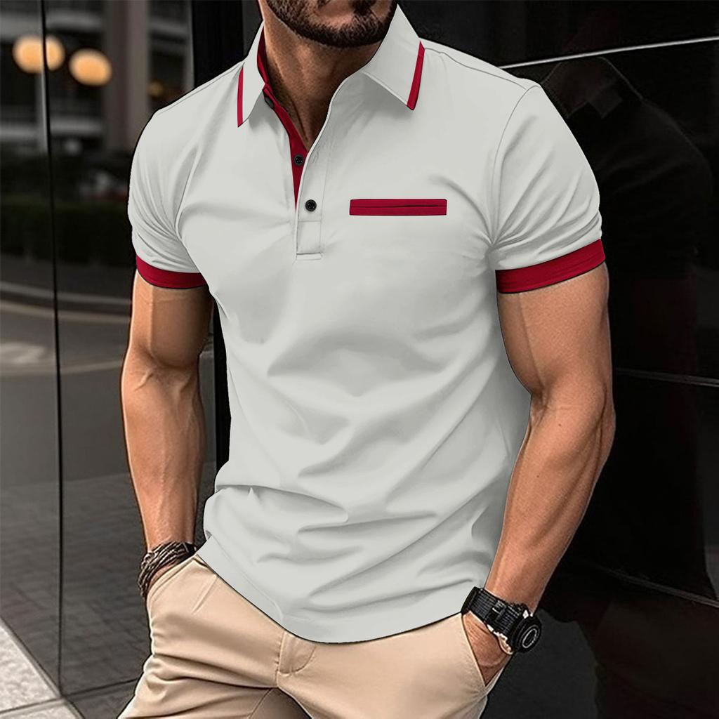 Men's Tops White Black Blue Casual Short Sleeve Fake Pocket Button Polo Shirt
