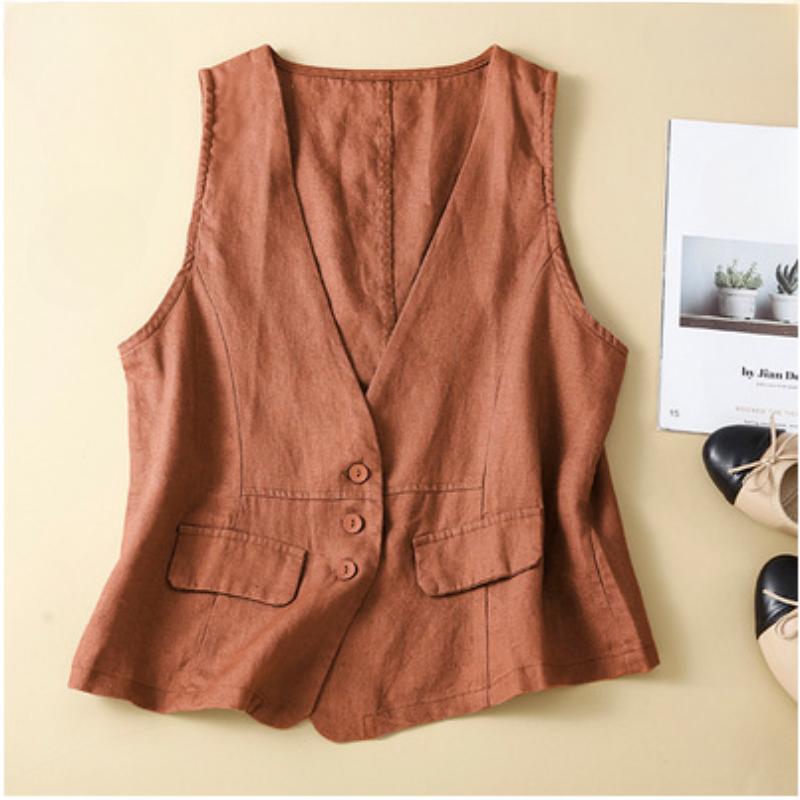 5-цветный хлопковый и льняной жилет без рукавов с v-образным вырезом, повседневный жилет без рукавов, тонкая верхняя одежда, жилет, женская куртка