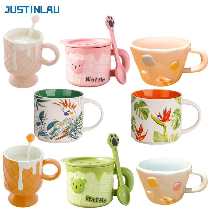 JUSTINLAU Ceramic Mug Cartoon Ice Cream Bear Flower Bird Water Cup Portable Breakfast Coffee Milk Oat Cups Home Office Drinkware