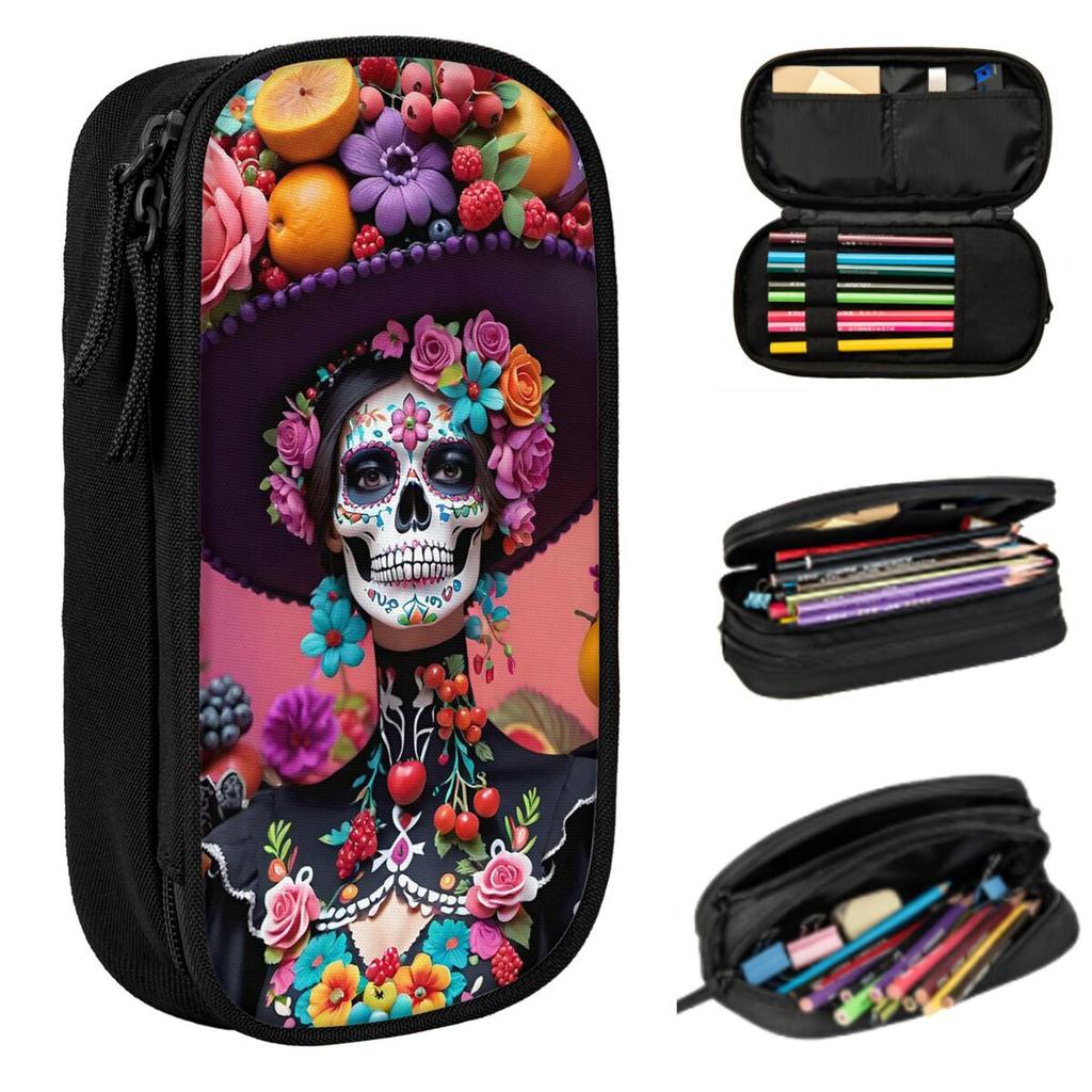 Day Of The Dead Sugar Skull Mexican Girl Pencil Case for Boy Girl School Pen Box Pencil Bag Stationery Supplies Pen Holder Bag