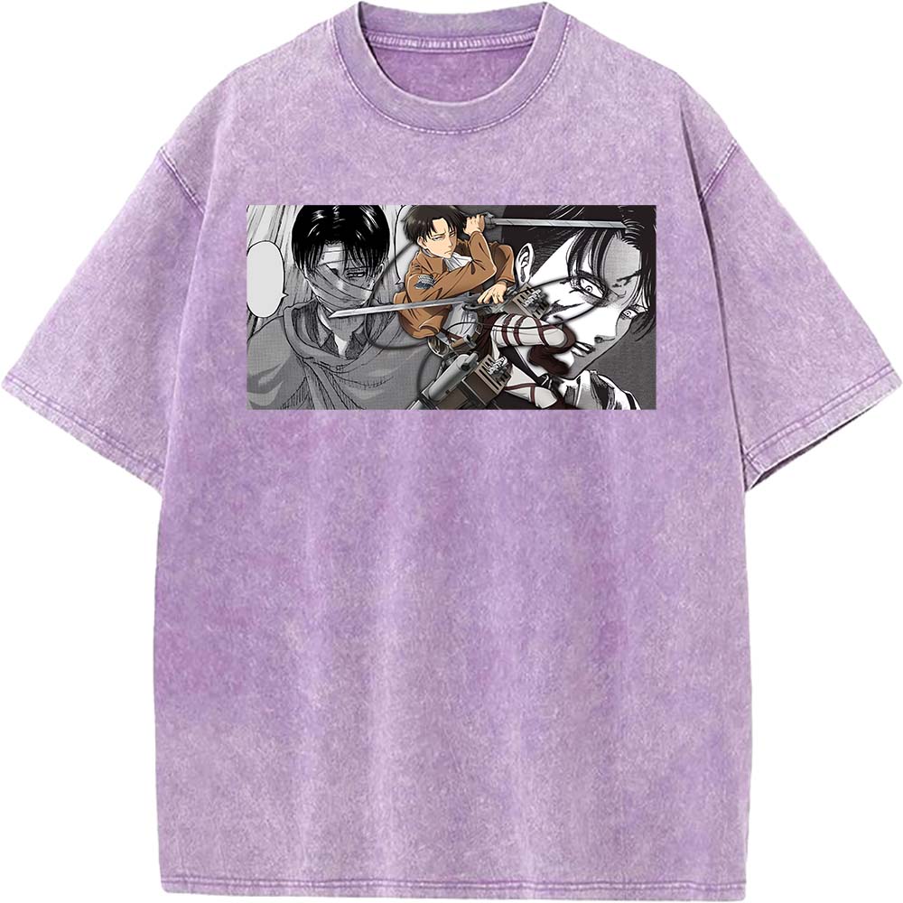 Anime Attack On Titan Levi Ackerman Graphic Tee Men Women Washed Cotton Tshirts Casual Manga T Shirt Harajuku Male Retro T-shirt