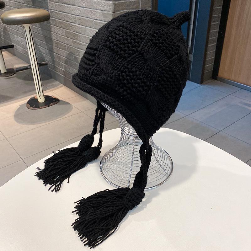 New autumn and winter wool ear protection hat women's fringed velvet thermal cover stacking hat casual knitted hat cold proof