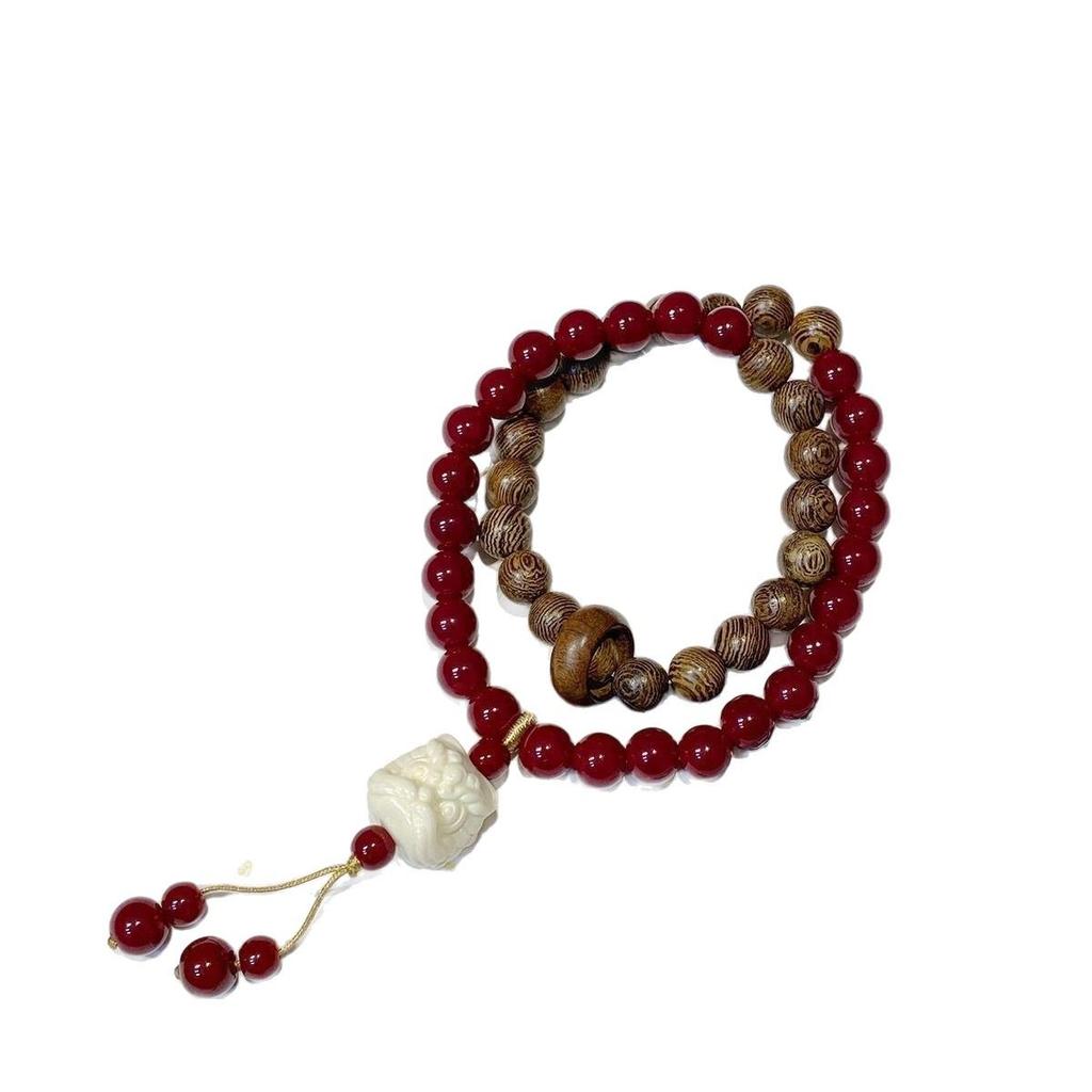 Новый браслет в китайском стиле с двойным шармом в виде льва из дерева и стеклянных бусин