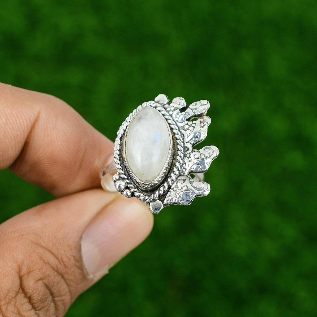 Natural Rainbow Moonstone Gemstone Stackable White Adjustable Ring 925 Silver