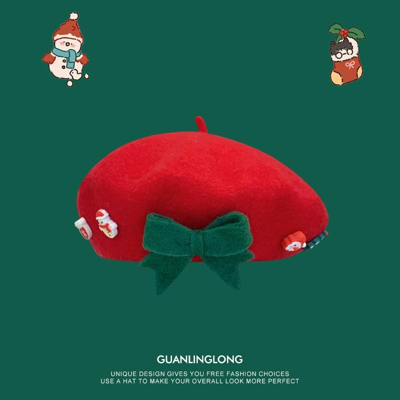 Рождественский берет с бантом для девочки, детская шерстяная теплая шапка для родителей и детей, рождественский подарок, шляпа художника