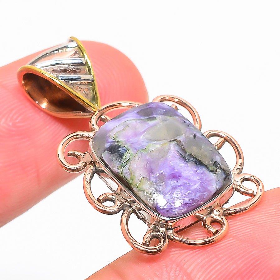 Natural Charoite Gemstone Two Tone 925 Solid Sterling Silver Pendant 1.30'' O1k81