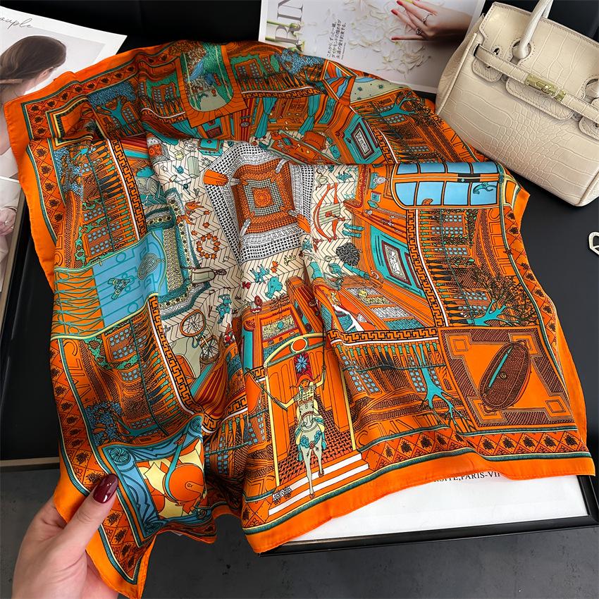 Богемный принт Маленький квадратный шарф Роскошный имитированный шелк Тонкий шейный платок Геометрические линии Солнцезащитная косынка для женщин