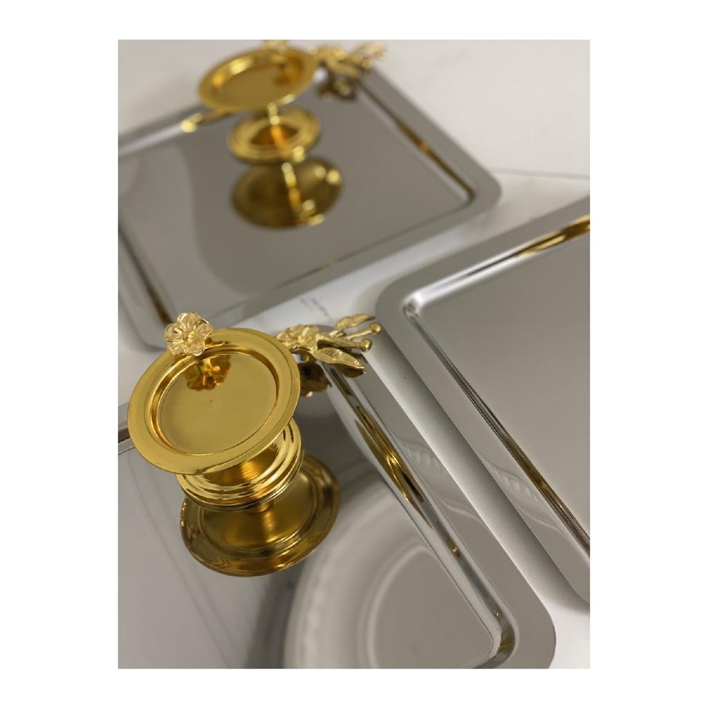 3-piece Steel Square Presentation Tray With Japanese Rose And 3-piece Gold Macaron Holder Japanese Rose