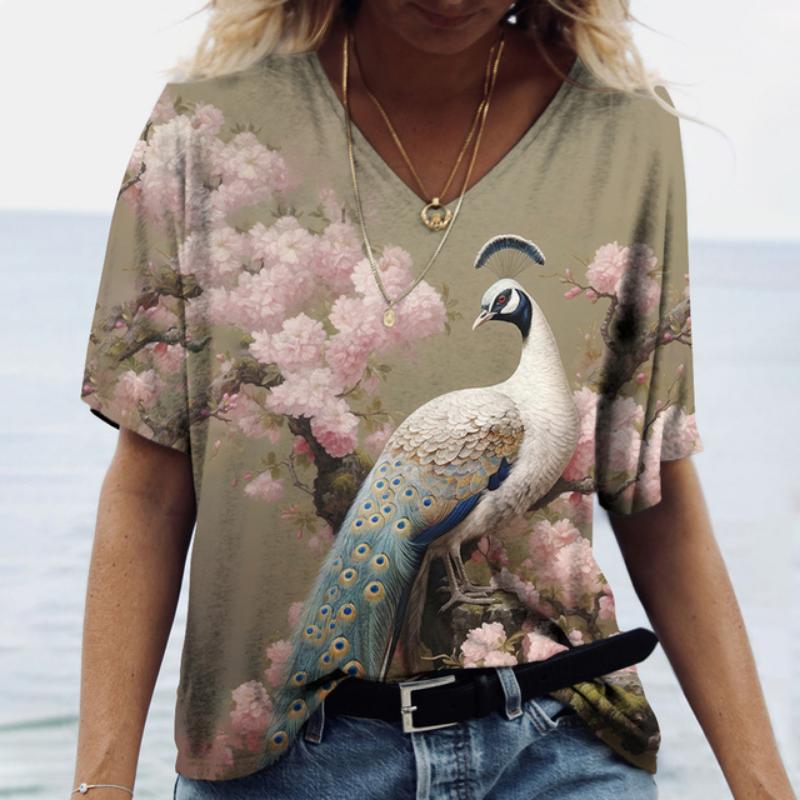Роскошная женская футболка с рисунком павлина, летняя свободная женская одежда, большая блузка с v-образным вырезом, женские повседневные повседневные футболки с короткими рукавами