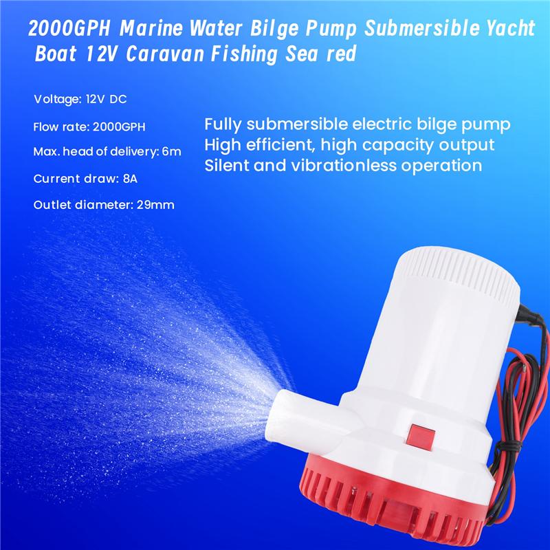 2000GPH Marine Water Bilge Pump Submersible Yacht Boat 12V Caravan Fishing Sea Red-A87Q