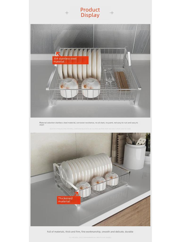 304 Stainless Steel Single Layer Kitchen Storage Rack with Chopstick Basket and Dish Drain