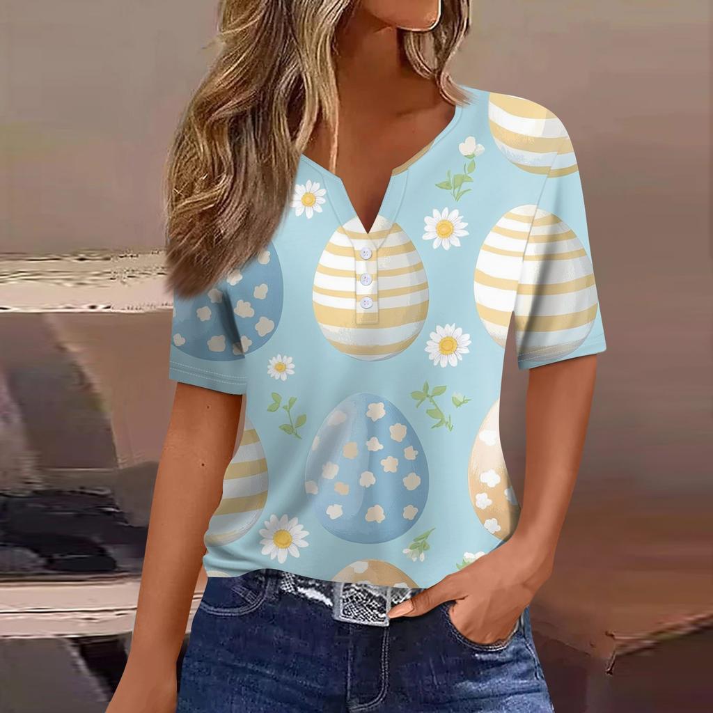 Women's T Shirt Print Button Short Sleeve Daily Weekend Fashion Basic V- Neck Regular Top