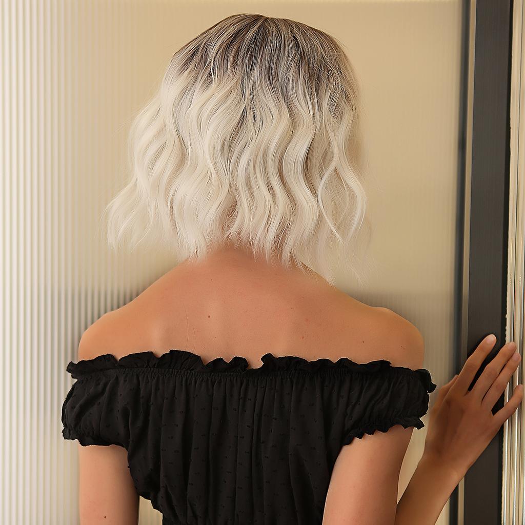 Platinum Bob Wig With Bangs Short Loose Wavy Synthetic Wigs for Women Cosplay Party Wig Dark Root Heat Resistant Fiber Fake Hair