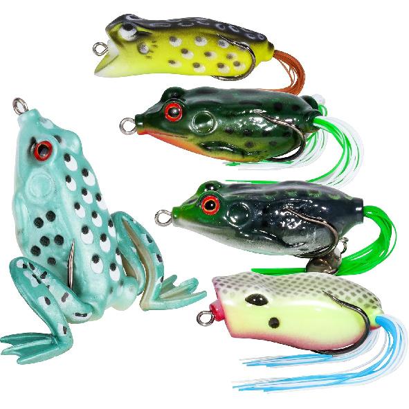 RUNCL Topwater Frog Lures 5PCS, Durable Lifelike Silicone Bass Bait, Floating Realistic Frog Lures Kit for Freshwater Saltwater, Topwater Fishing
