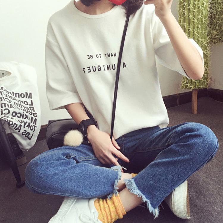 Новая летняя корейская версия футболки с надписями свободного кроя с коротким рукавом для женщин, одежда с круглым вырезом для студентов, топы для женщин