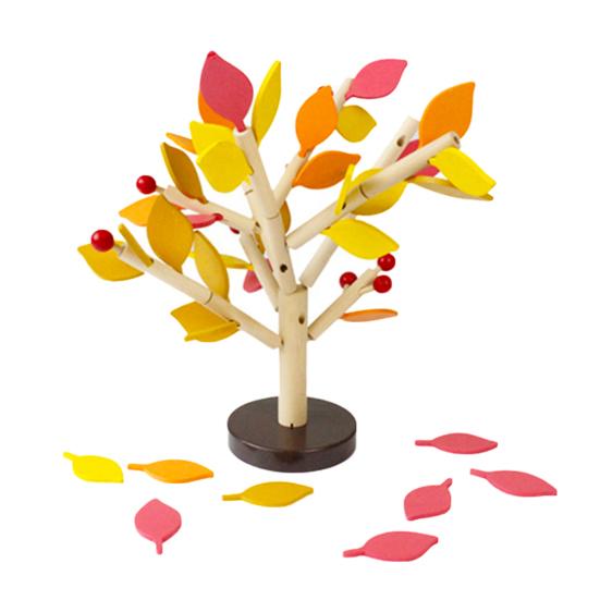 Wooden Building Block Tree Toy Fine Motor Skills Hand Eye Coordination Training Toddlers Educational Yellow Green Leaves Tree Assembly Toy with Base