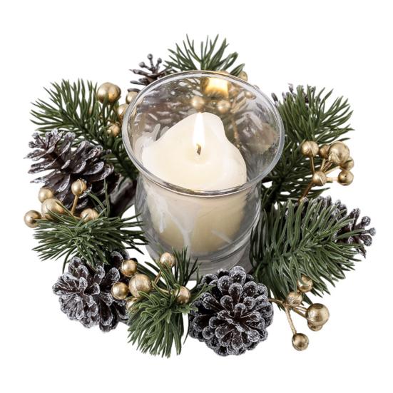 Christmas Candle Ring Artificial Pine Needle Pinecone Berries Garland Rustic Festive Candle Wreath for Home Table Centerpiece Decor